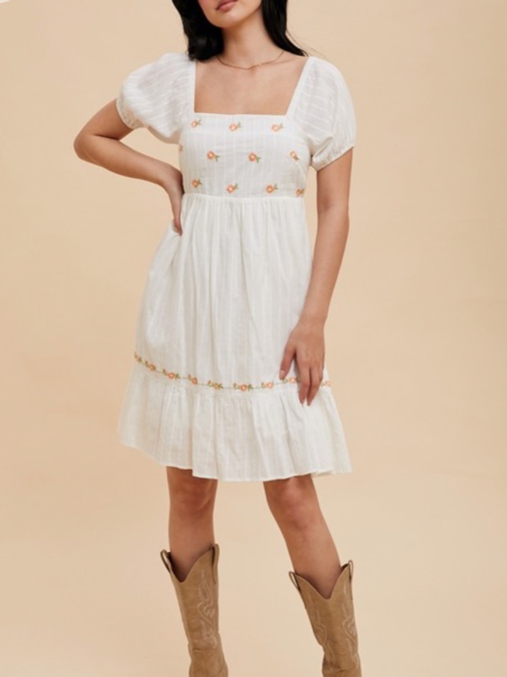 FLORAL EMBROIDERED SQUARE NECK DRESS